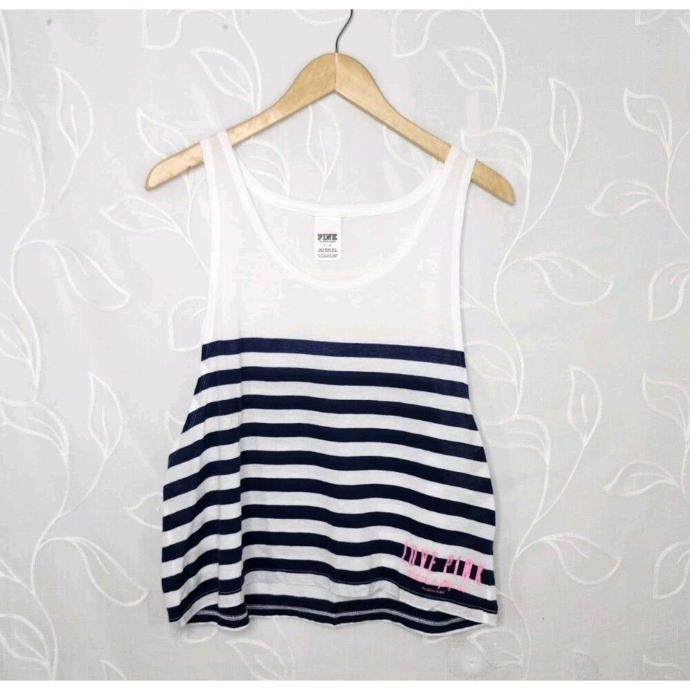 PINK Victoria's Secret Women's Tank Top Large Blue White Striped Nautical Beach